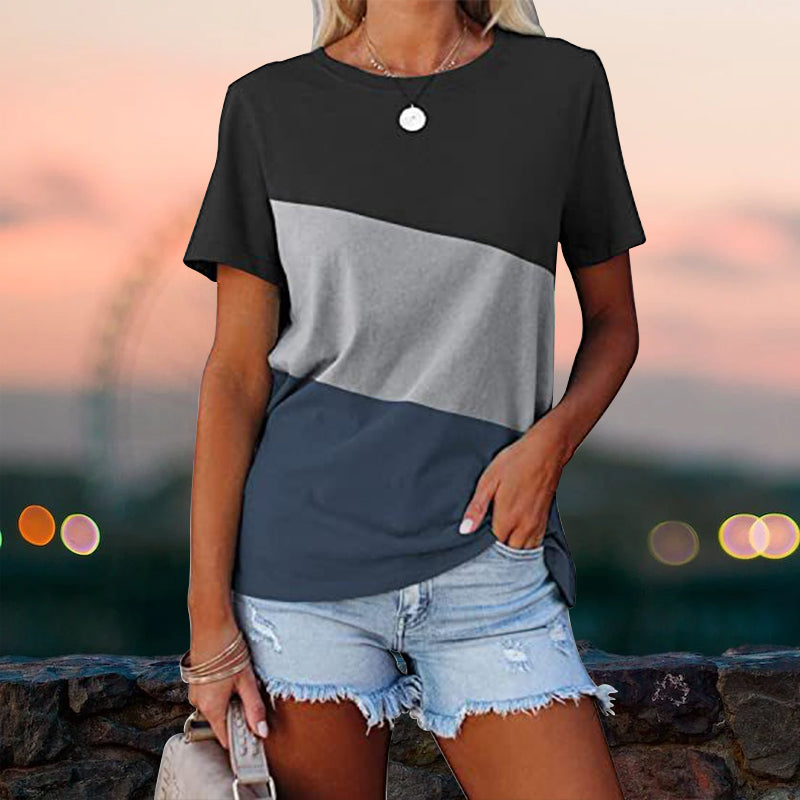 "Colorblock dam t-shirt med rund hals, kortärmad design, tryckt mönster, polyester, perfekt för sommaren."