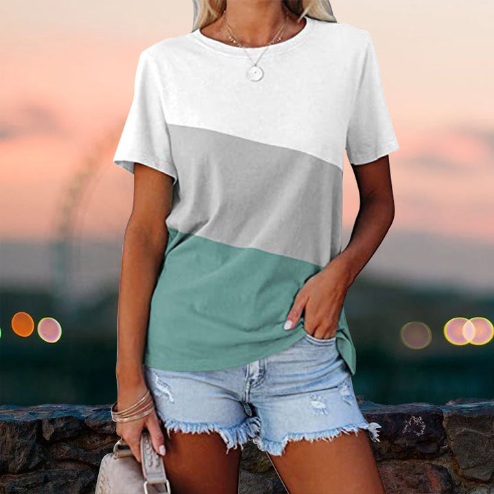 "Colorblock dam t-shirt med rund hals, kortärmad design, tryckt mönster, polyester, perfekt för sommaren."
