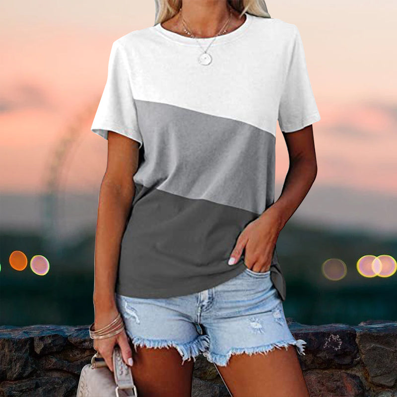 "Colorblock dam t-shirt med rund hals, kortärmad design, tryckt mönster, polyester, perfekt för sommaren."