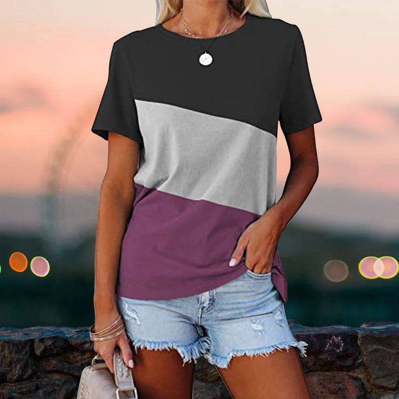 "Colorblock dam t-shirt med rund hals, kortärmad design, tryckt mönster, polyester, perfekt för sommaren."