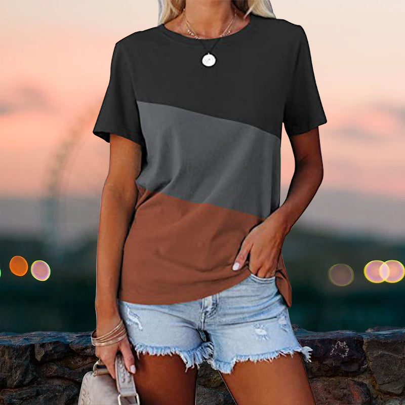 "Colorblock dam t-shirt med rund hals, kortärmad design, tryckt mönster, polyester, perfekt för sommaren."