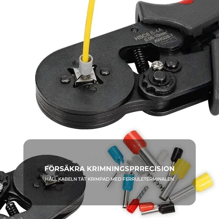 "Crimptång för elarbete med ergonomisk design, hög precision och robust konstruktion, perfekt för ledningsanslutning."