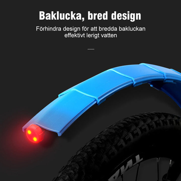 "Cykel stänkskydd, justerbart och vattentätt, med inbyggt bakljus, i svart plast för optimal säkerhet och synlighet."