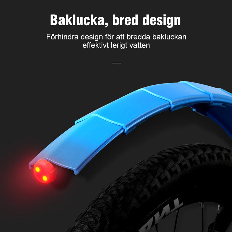 "Cykel stänkskydd, justerbart och vattentätt, med inbyggt bakljus, i svart plast för optimal säkerhet och synlighet."