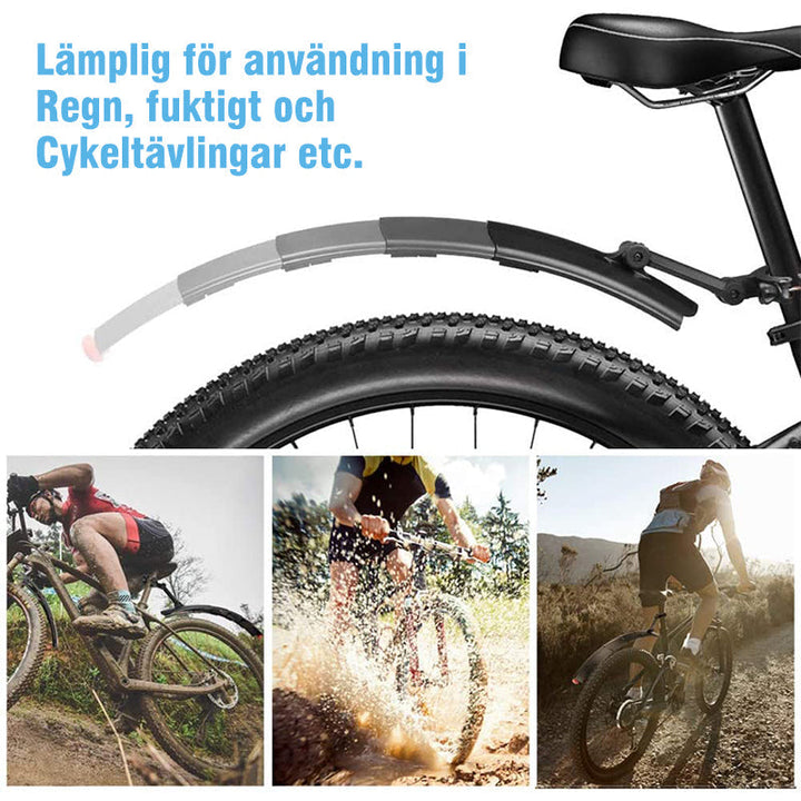 "Cykel stänkskydd, justerbart och vattentätt, med inbyggt bakljus, i svart plast för optimal säkerhet och synlighet."