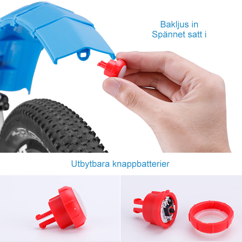 "Cykel stänkskydd, justerbart och vattentätt, med inbyggt bakljus, i svart plast för optimal säkerhet och synlighet."