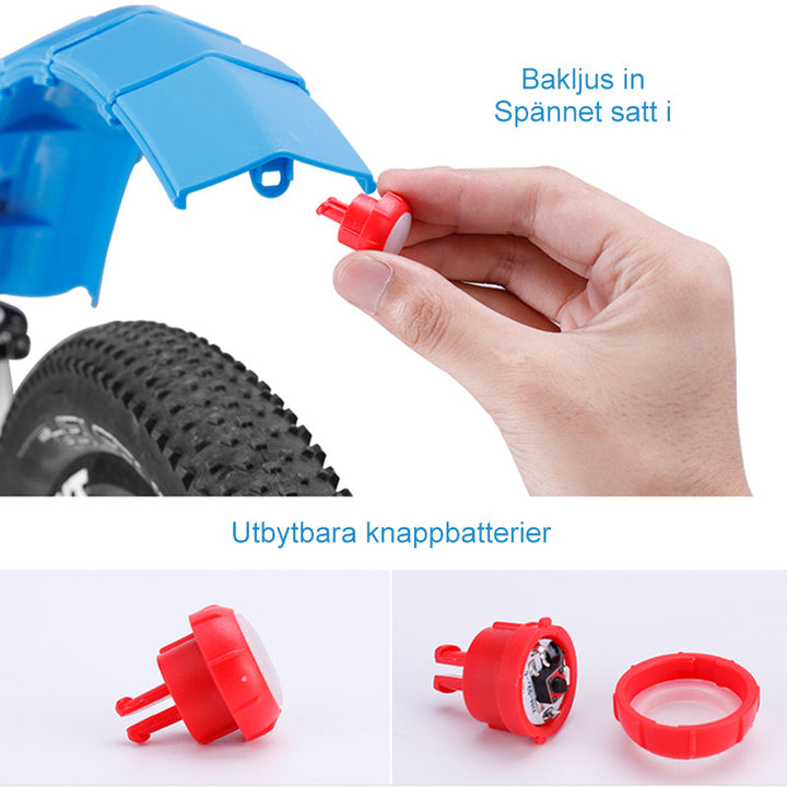 "Cykel stänkskydd, justerbart och vattentätt, med inbyggt bakljus, i svart plast för optimal säkerhet och synlighet."