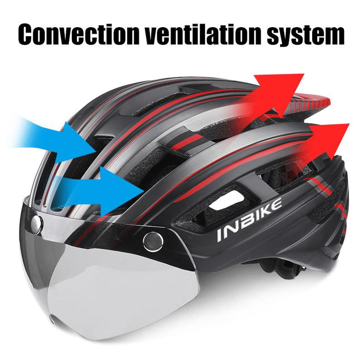 "Cykelhjälm för vuxna med visir, LED-ljus och 22 ventilationshål, justerbar passform, svart design."