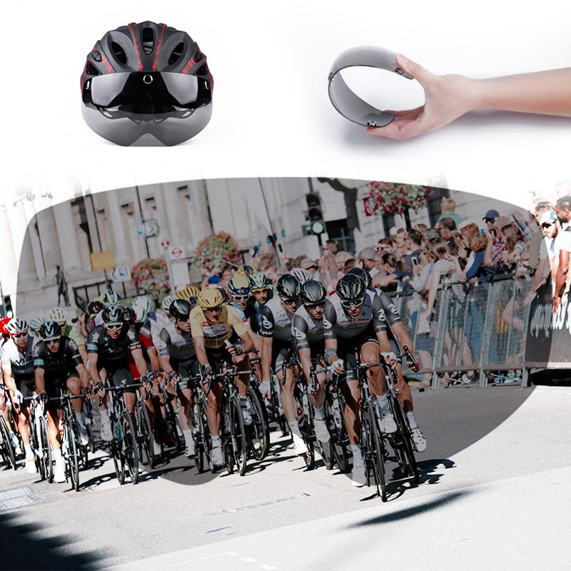 "Cykelhjälm för vuxna med visir, LED-ljus och 22 ventilationshål, justerbar passform, svart design."