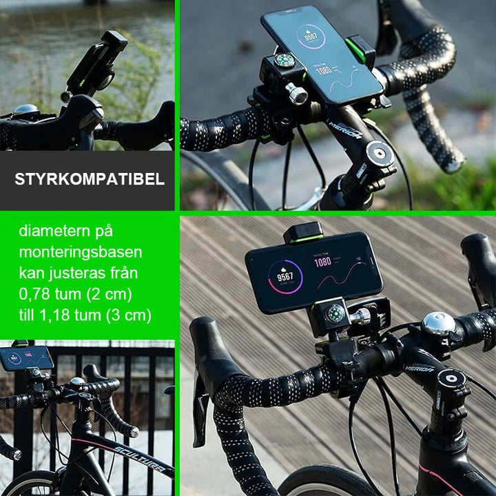 "Cykelkompasstelefonhållare med 360° rotation, svart design, monterad på cykelstyre, hållbar och stötsäker."