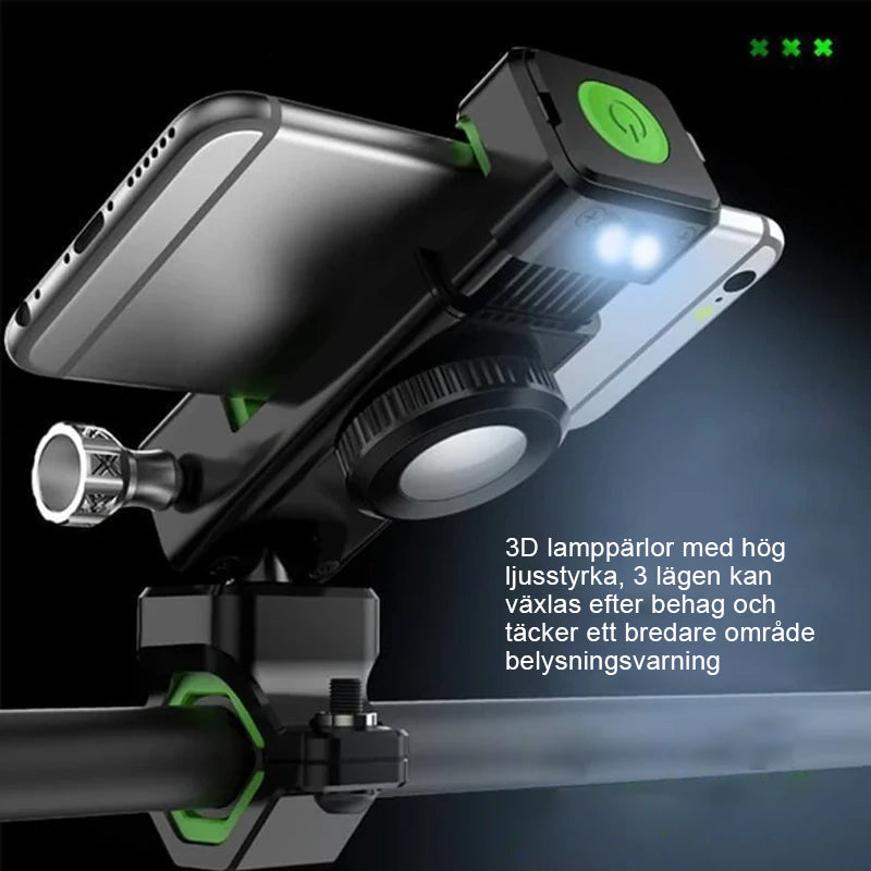 "Cykelkompasstelefonhållare med 360° rotation, svart design, monterad på cykelstyre, hållbar och stötsäker."
