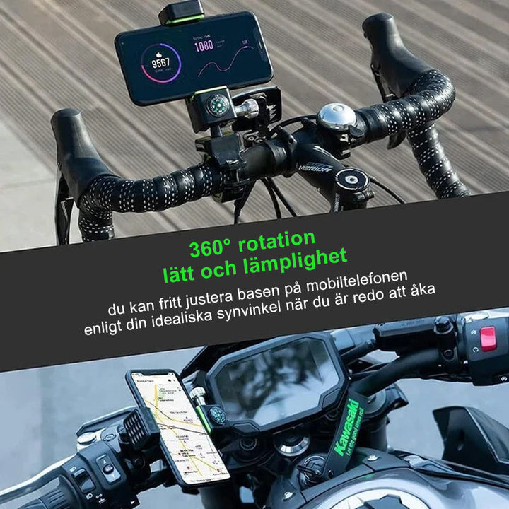 "Cykelkompasstelefonhållare med 360° rotation, svart design, monterad på cykelstyre, hållbar och stötsäker."