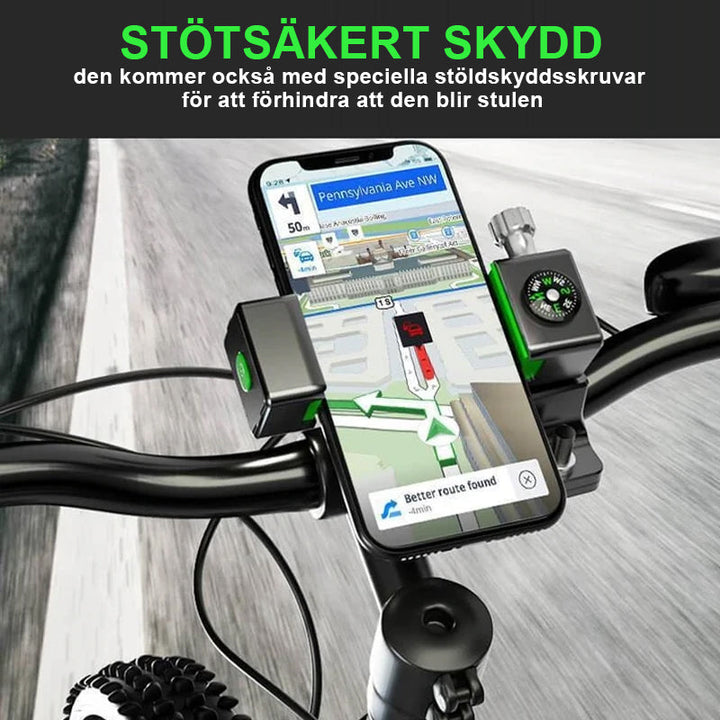 "Cykelkompasstelefonhållare med 360° rotation, svart design, monterad på cykelstyre, hållbar och stötsäker."
