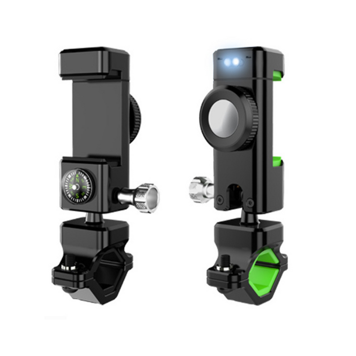 "Cykelkompasstelefonhållare med 360° rotation, svart design, monterad på cykelstyre, hållbar och stötsäker."