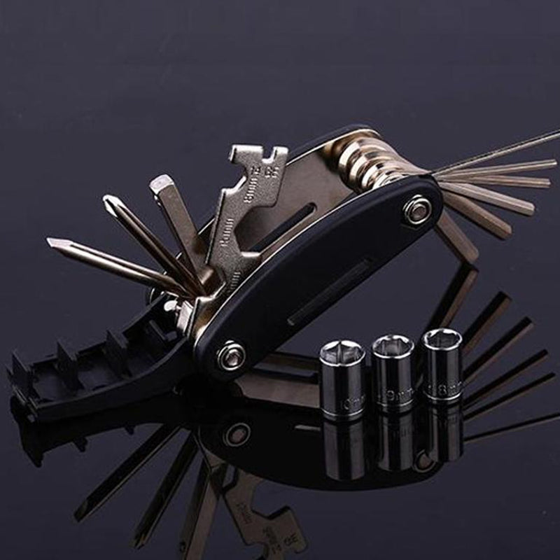 "Cykelreparationsverktyg 16-i-1 multifunktionellt, kompakt och hållbart verktyg i kolstål, idealisk för underhåll."