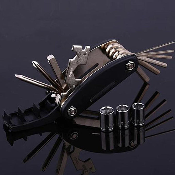 "Cykelreparationsverktyg 16-i-1 multifunktionellt, kompakt och hållbart verktyg i kolstål, idealisk för underhåll."