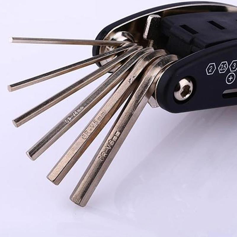 "Cykelreparationsverktyg 16-i-1 multifunktionellt, kompakt och hållbart verktyg i kolstål, idealisk för underhåll."