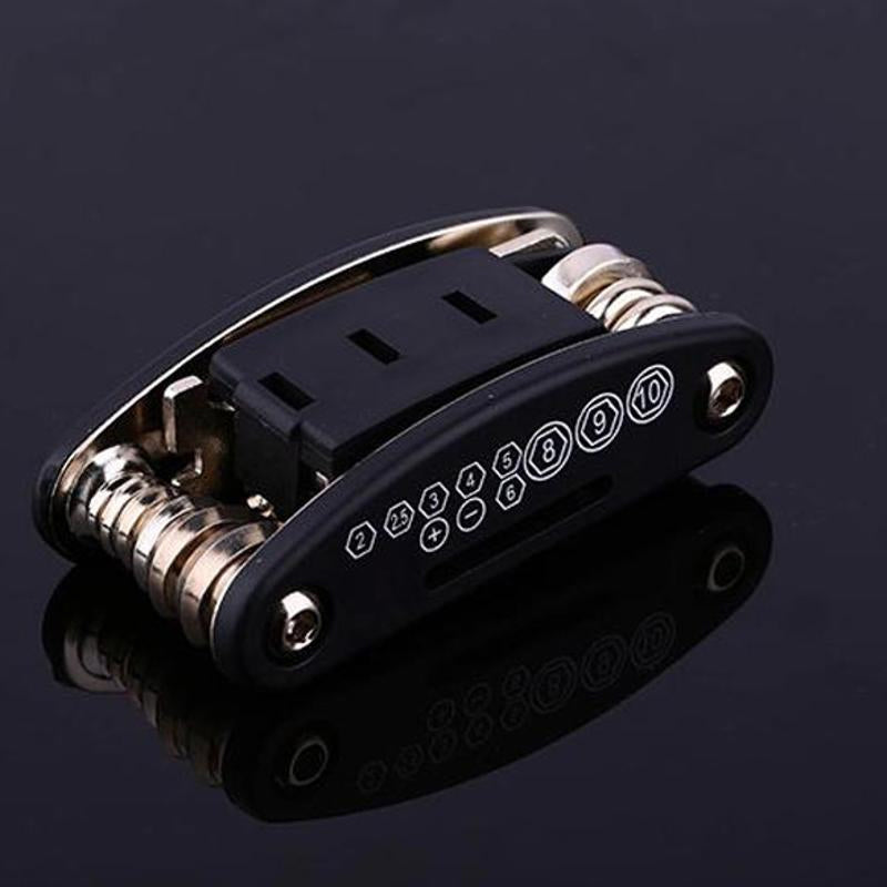 "Cykelreparationsverktyg 16-i-1 multifunktionellt, kompakt och hållbart verktyg i kolstål, idealisk för underhåll."