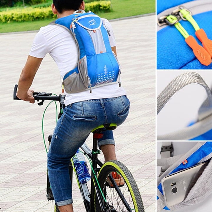 "Cykelryggsäck för män, 15L, justerbara remmar, svart textil, flera fack, ventilerande ryggstöd för cykling och sport."