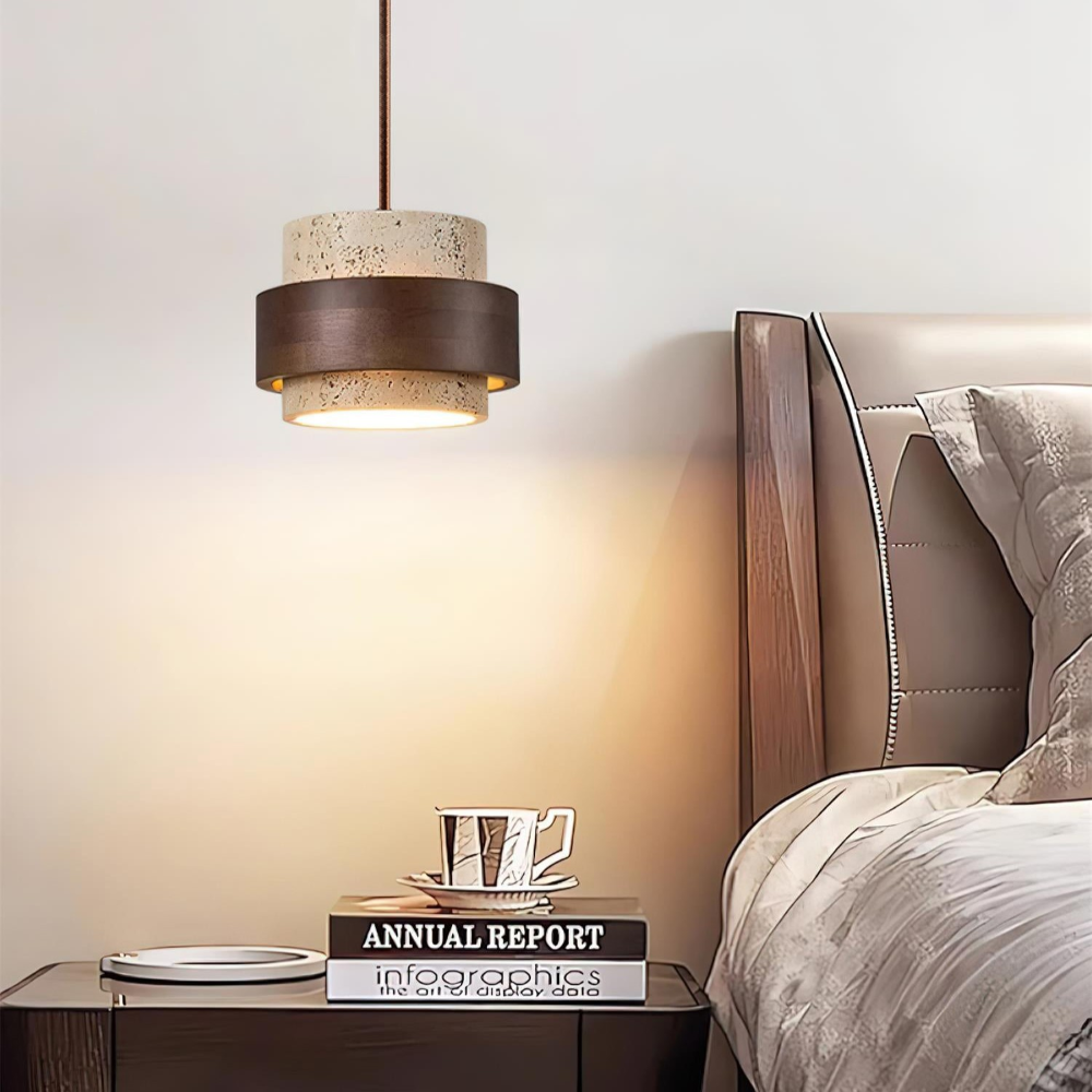 Cylindrisk travertin pendellampa med valnötsträ, elegant taklampa för modern inredning.