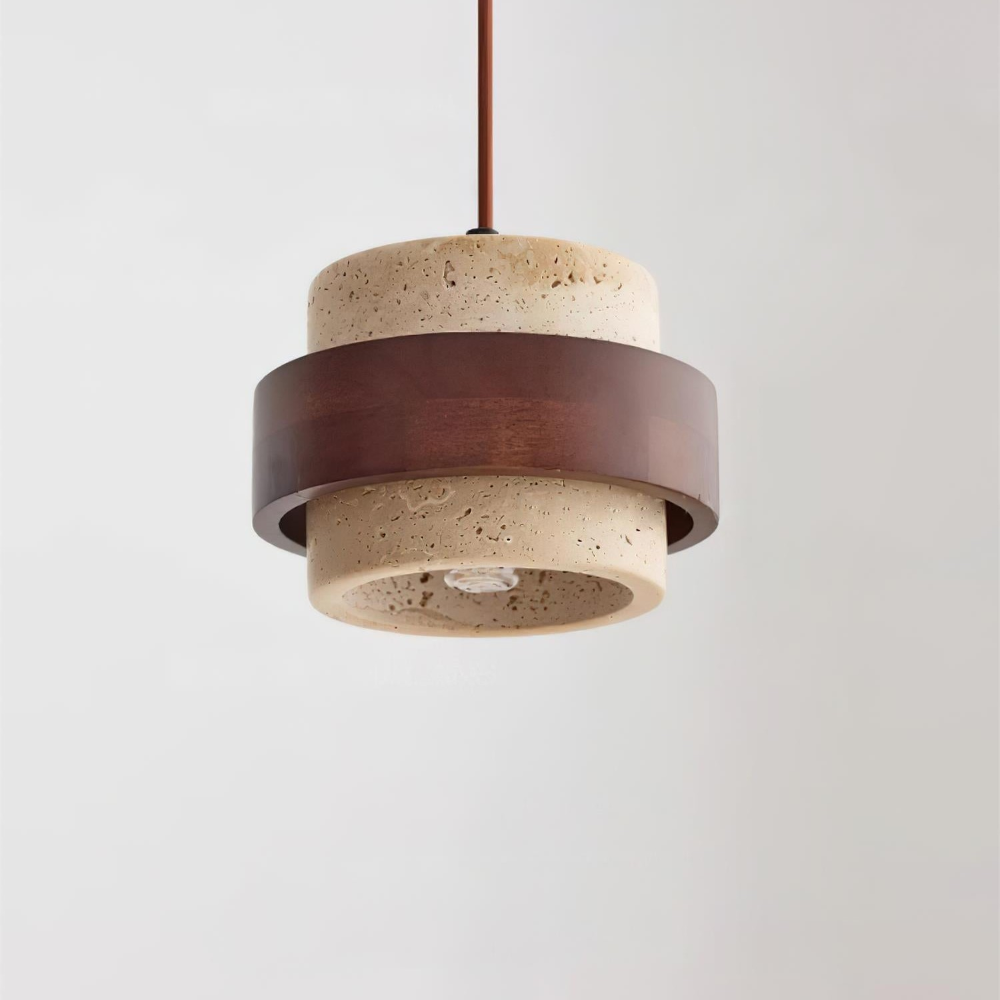 Cylindrisk travertin taklampa, elegant och minimalistisk heminredning.