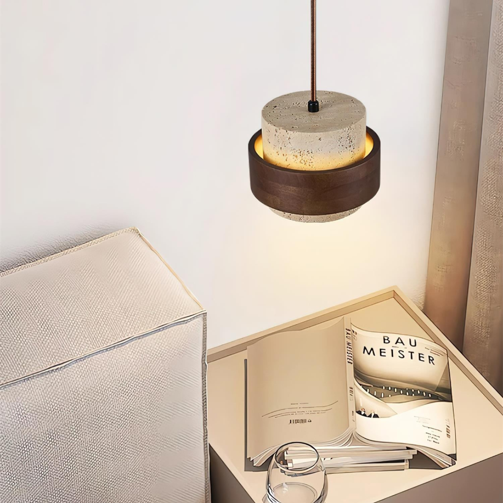 Designlampa: cylindrisk hänglampa i travertin & valnötsträ för vardagsrum.
