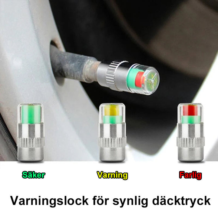 "Däcktrycksindikator ventilkåpor i kromad metall med trefärgad cylinderdisplay informerar om däcktryckstatus."