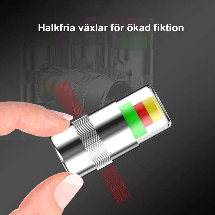 "Däcktrycksindikator ventilkåpor i kromad metall med trefärgad cylinderdisplay informerar om däcktryckstatus."