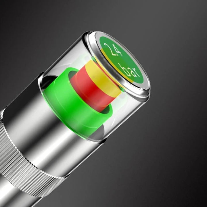 "Däcktrycksindikator ventilkåpor i kromad metall med trefärgad cylinderdisplay informerar om däcktryckstatus."