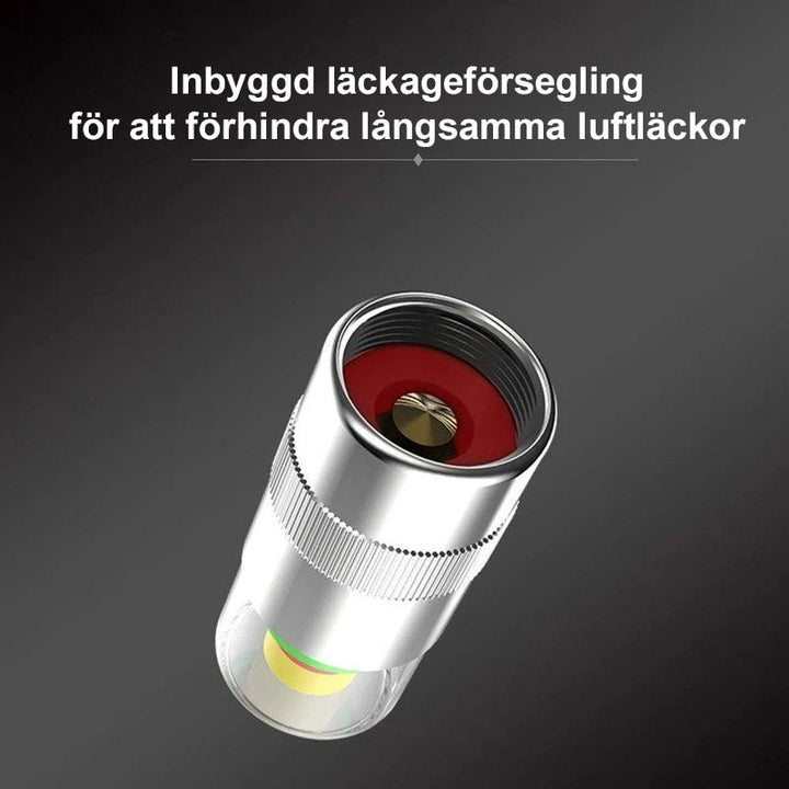 "Däcktrycksindikator ventilkåpor i kromad metall med trefärgad cylinderdisplay informerar om däcktryckstatus."