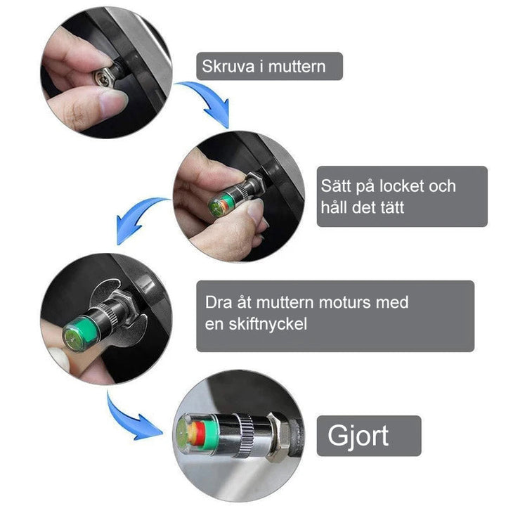 "Däcktrycksindikator ventilkåpor i kromad metall med trefärgad cylinderdisplay informerar om däcktryckstatus."