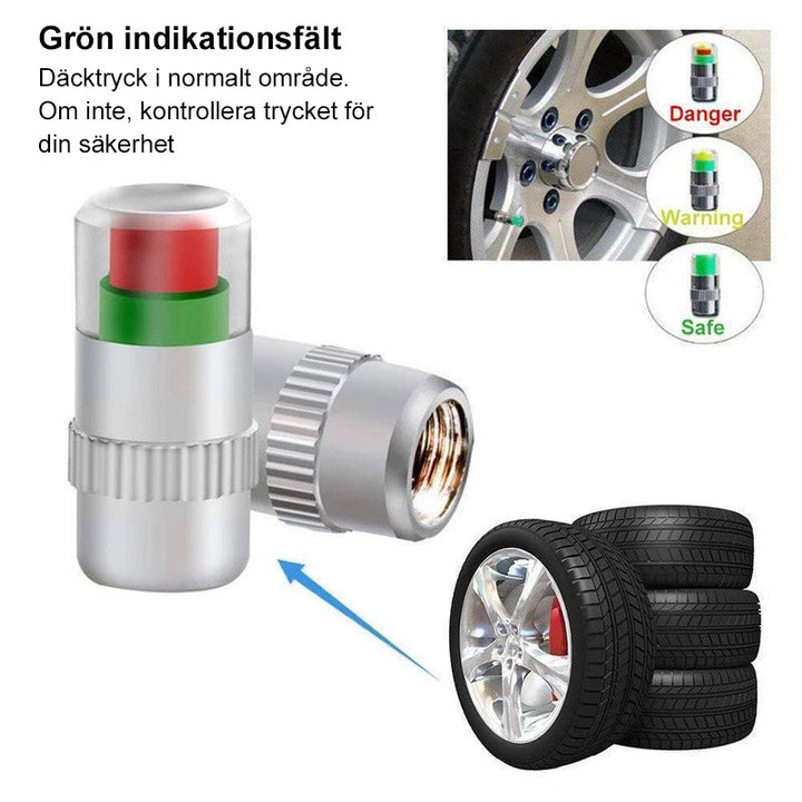 "Däcktrycksindikator ventilkåpor i kromad metall med trefärgad cylinderdisplay informerar om däcktryckstatus."