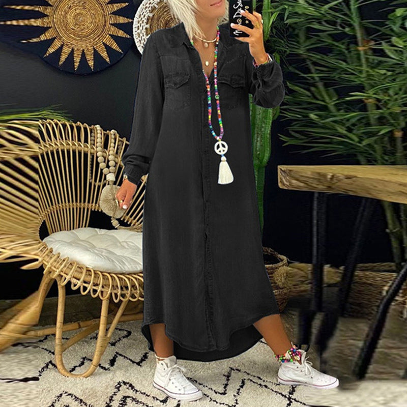 "Dam A-line denimklänning med lång ärmar, smickrande siluett, mjukt tyg, klassisk design, perfekt för vår och höst."