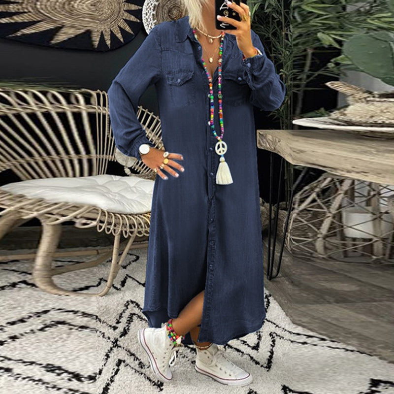 "Dam A-line denimklänning med lång ärmar, smickrande siluett, mjukt tyg, klassisk design, perfekt för vår och höst."