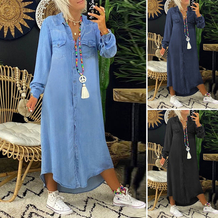 "Dam A-line denimklänning med lång ärmar, smickrande siluett, mjukt tyg, klassisk design, perfekt för vår och höst."