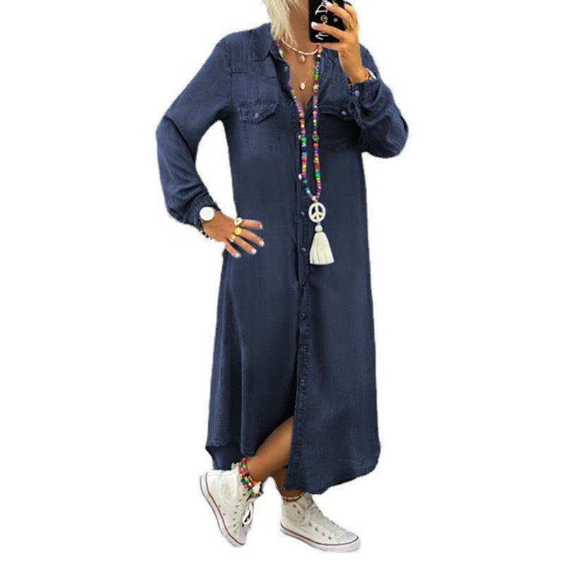 "Dam A-line denimklänning med lång ärmar, smickrande siluett, mjukt tyg, klassisk design, perfekt för vår och höst."