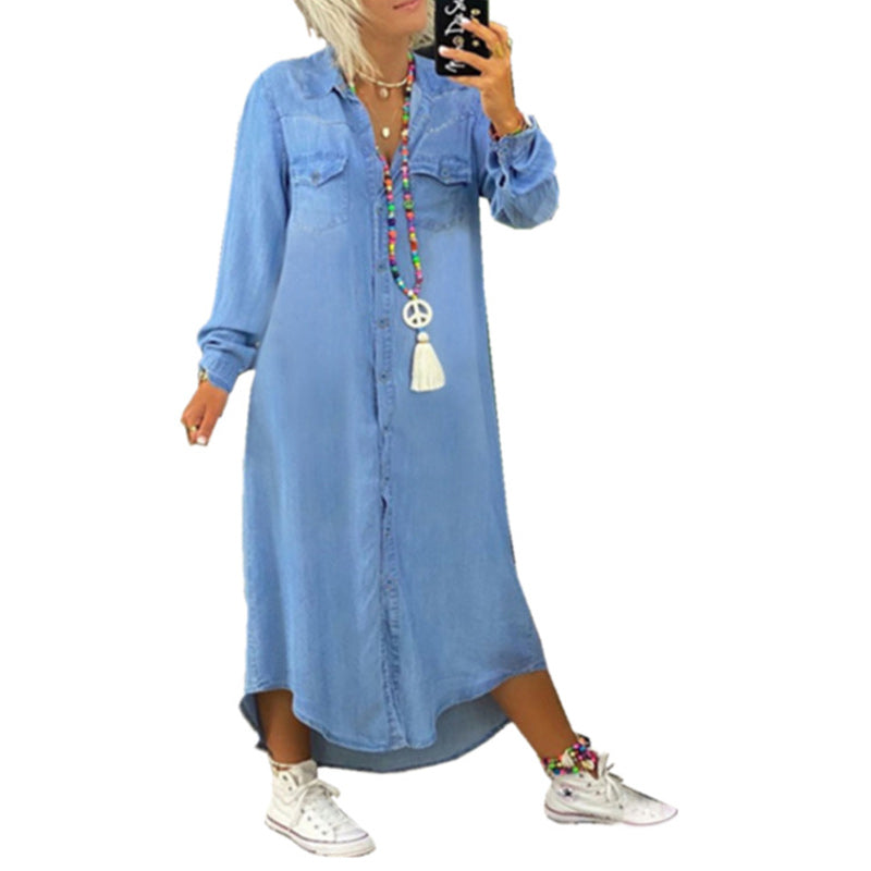 "Dam A-line denimklänning med lång ärmar, smickrande siluett, mjukt tyg, klassisk design, perfekt för vår och höst."