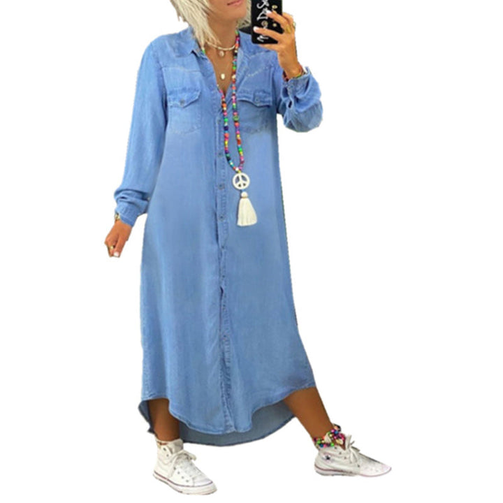 "Dam A-line denimklänning med lång ärmar, smickrande siluett, mjukt tyg, klassisk design, perfekt för vår och höst."
