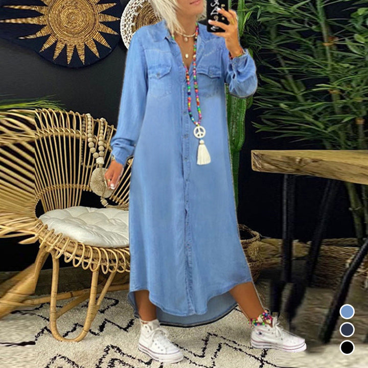 "Dam A-line denimklänning med lång ärmar, smickrande siluett, mjukt tyg, klassisk design, perfekt för vår och höst."