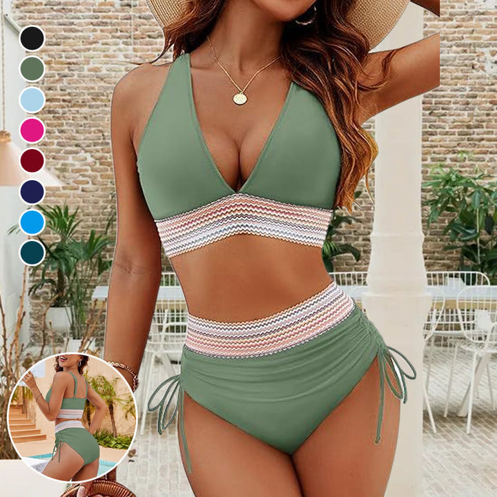 "Dam bikini med hög midja, elegant design, smickrande siluett, rygglös med rosett och spetsdetaljer, sommarklar"