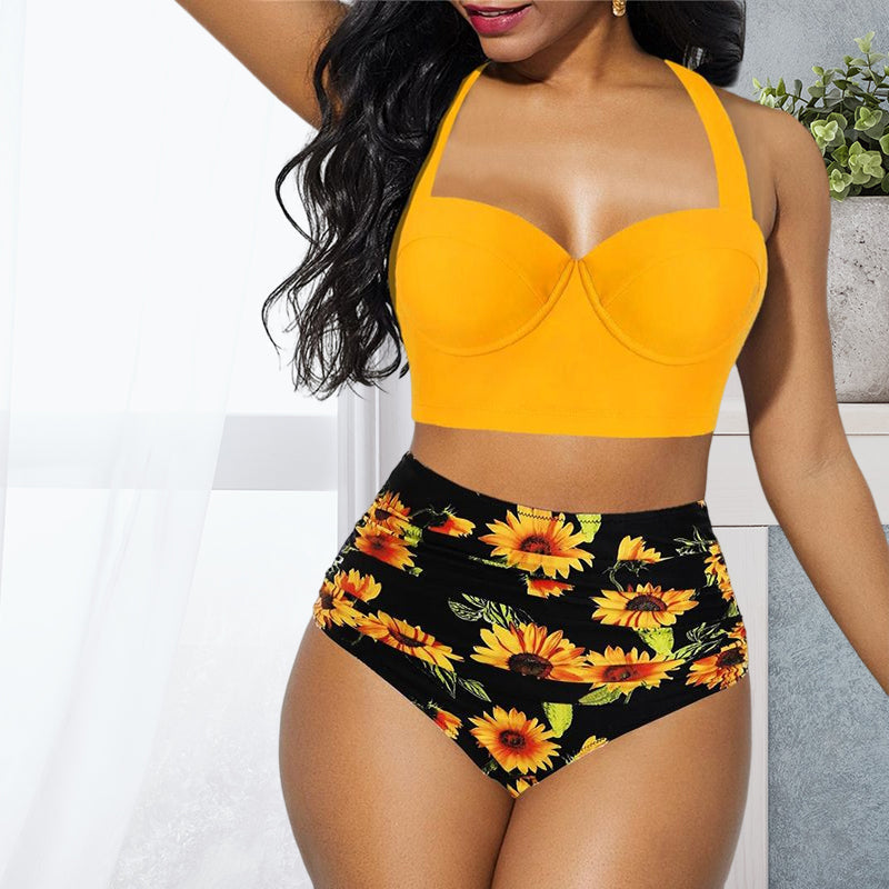 "Dam bikini set med blomstertryck, hög midja, bygel, polyester. Visas framifrån med elegant mönster i fler färger."