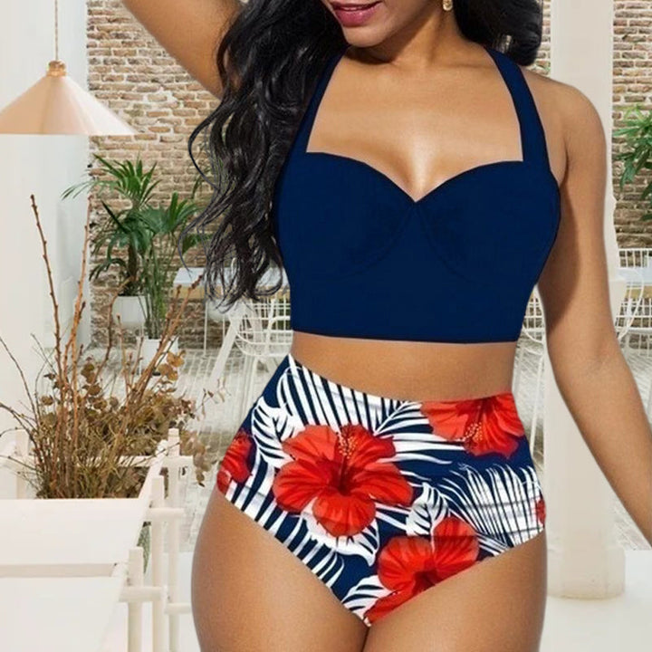 "Dam bikini set med blomstertryck, hög midja, bygel, polyester. Visas framifrån med elegant mönster i fler färger."