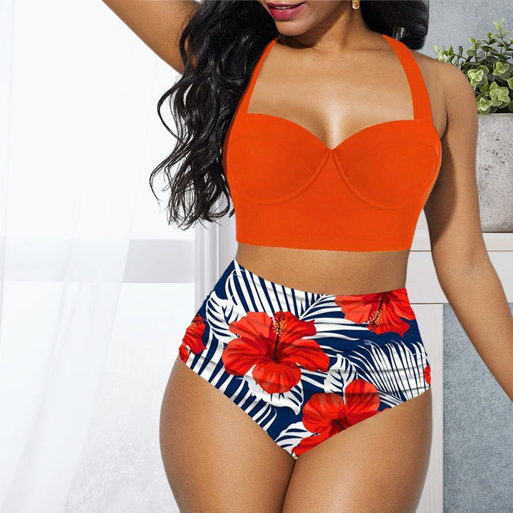 "Dam bikini set med blomstertryck, hög midja, bygel, polyester. Visas framifrån med elegant mönster i fler färger."