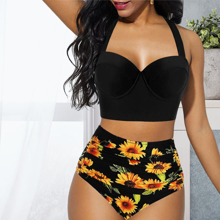 "Dam bikini set med blomstertryck, hög midja, bygel, polyester. Visas framifrån med elegant mönster i fler färger."
