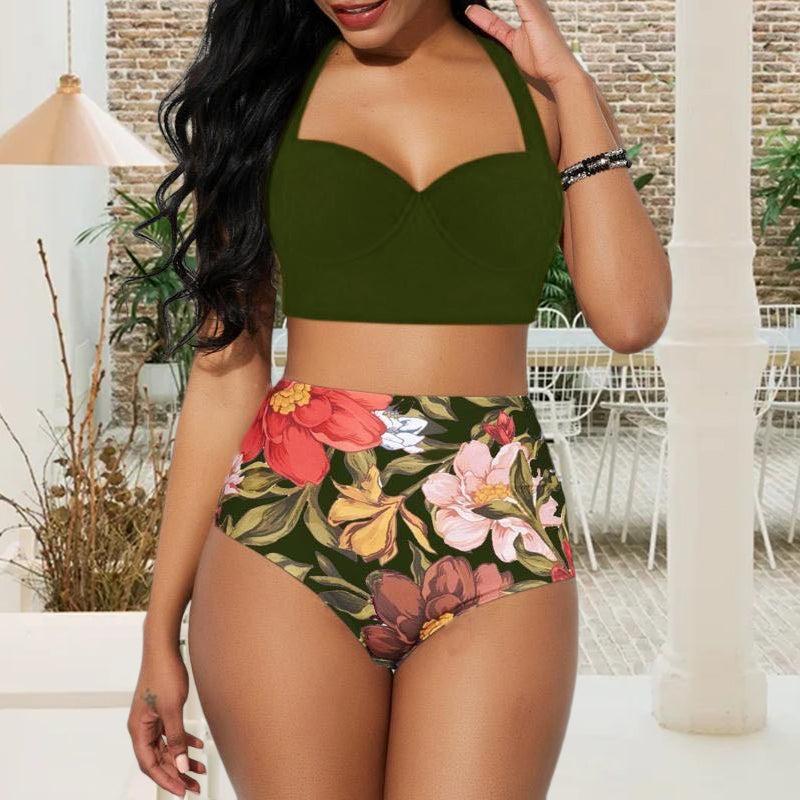 "Dam bikini set med blomstertryck, hög midja, bygel, polyester. Visas framifrån med elegant mönster i fler färger."