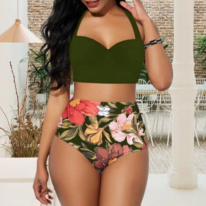 "Dam bikini set med blomstertryck, hög midja, bygel, polyester. Visas framifrån med elegant mönster i fler färger."