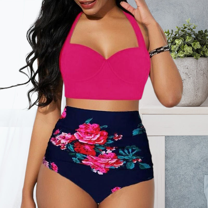 "Dam bikini set med blomstertryck, hög midja, bygel, polyester. Visas framifrån med elegant mönster i fler färger."