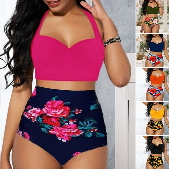 "Dam bikini set med blomstertryck, hög midja, bygel, polyester. Visas framifrån med elegant mönster i fler färger."