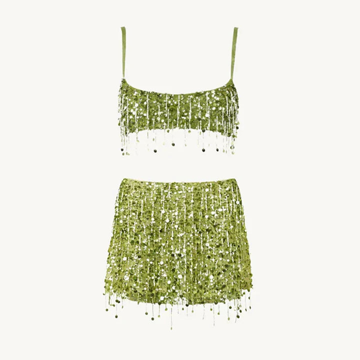 Dam bikiniset med skimrande paljetter och fransar. Perfekt för strand, pool eller festivaloutfit.
