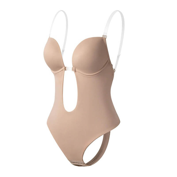 Framifrån: Dam body shaper med djup V-ringning. Formande underkläder som ger en slät & osynlig siluett.